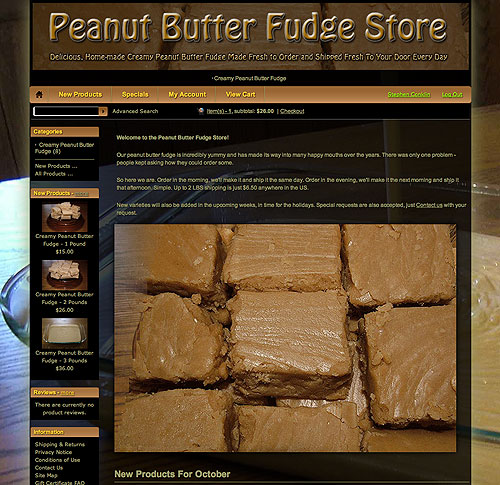 Peanut Butter Fudge Store website screenshot, October 2012