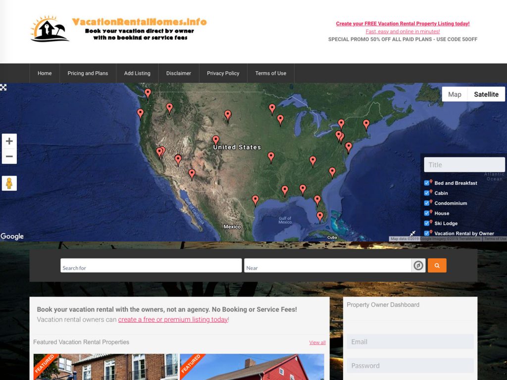Vacation Rental Homes Info website screenshot, November 2017
